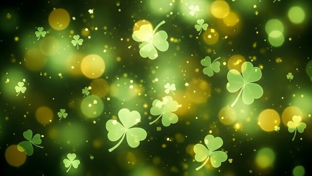 St patricks day abstract background with glowing green shamrocks and bokeh lights