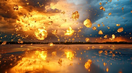 Violent hailstones fall and reflect on water during a dramatic stormy sunset