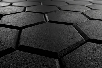 Abstract Dark Gray Hexagonal Pattern with Rough Texture in Low Angle Perspective and Strong Lighting Creating Depth and Dimension