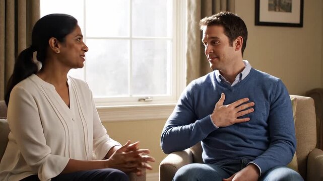 A man speaks openly with his Indian therapist in a gentle, softly lit therapy room. Neutral tones and relaxed body language convey trust, emotional support, and a calm mental health setting. - Powered by Adobe
