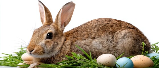 Easter bunny sits in the grass surrounded by colorful eggs on a white background with bright natural light and sharp focus