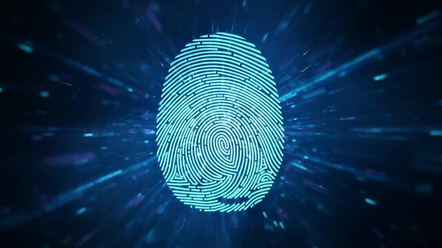 Futuristic digital fingerprint animation scanning for biometric identification and secure access. Representing concepts of cybersecurity. Surveillance. And advanced technological crime investigation