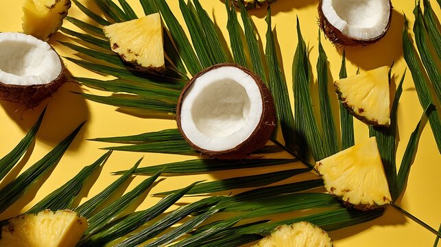 Tropical still life featuring fresh pineapple pieces, coconuts, and green palm leaves on yellow