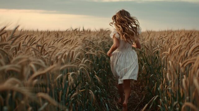 girl running through golden wheat field at sunset, back view of long hair and white dress, barefoot on narrow path, rural summer landscape, light and nostalgic freedom