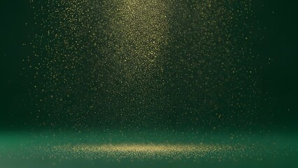 Falling gold glitter particles on dark green background abstract stage lighting effect