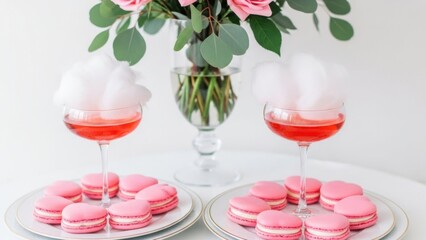 Delicious pink macarons and cotton candy cocktails on elegant plates