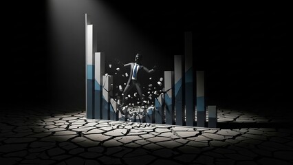 Businessman breaks through falling financial bar chart on cracked earth