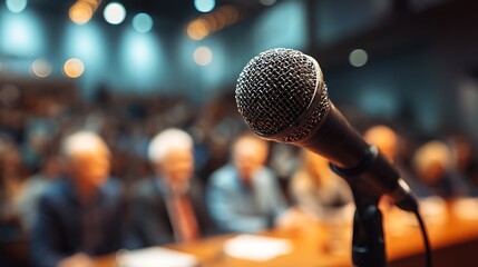 Close-up of a microphone with blurry background of an audience in a lecture hall