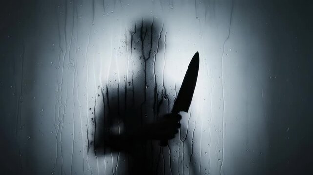 Chilling silhouette of a dangerous man holding a sharp knife behind a wet glass window, creating a frightening and suspenseful atmosphere for a horror or crime scene concept