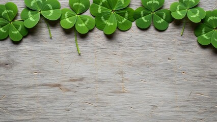 Border of fresh green clover leaves on rustic weathered wood background for st patricks day celebration or good luck theme