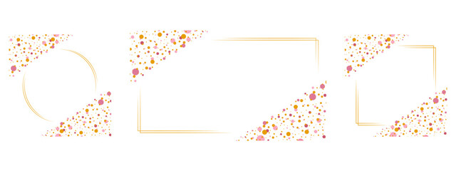 Set of elegant geometric frames with pink and orange confetti on transparent background. Vector illustration. Empty. Space for text.