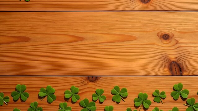 St patricks day border of green shamrocks on rustic wooden background with copy space