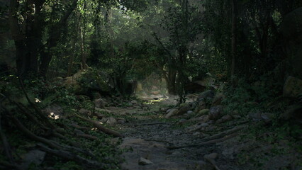 A serene forest trail meanders through dense vegetation, inviting explorers with soft light filtering through the leaves. The rich greenery and rocky terrain create a peaceful atmosphere.
