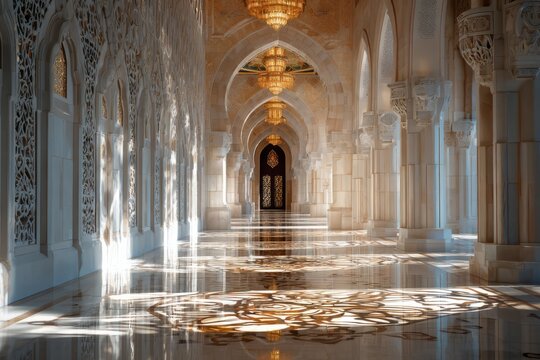 Luxurious Ornate Palace Hall with Golden Chandeliers and Sunlight Streaming Through Arched Windows