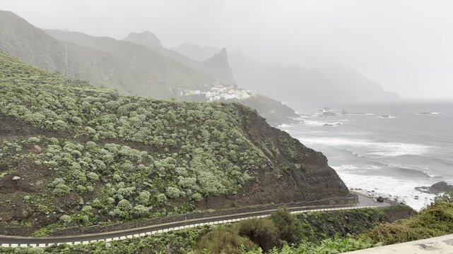 Rainy view from Mirador Benijo over Taganana and mountains, Tenerife