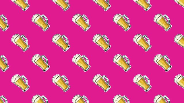 Seamless loop of animated beer mugs floating over a vibrant pink background. Pop art style perfect for party backgrounds, bar promotions, and festive celebrations.