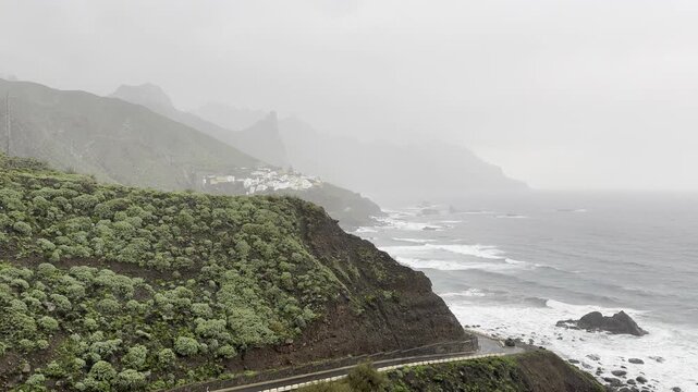 Rainy view from Mirador Benijo over Taganana and mountains, Tenerife