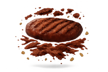 Grilled burger patty with explosion on transparent background picture.