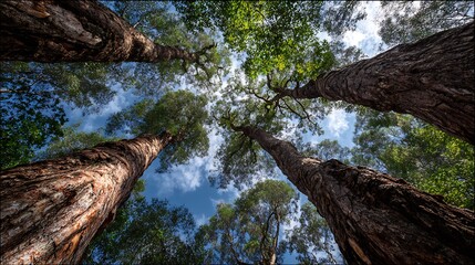 A striking low-angle shot captures towering trees reaching towards a bright blue sky