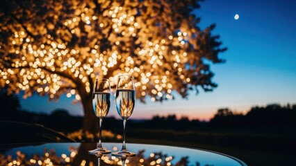 Romantic evening with champagne glasses under a tree with warm lights