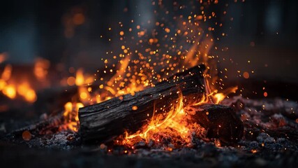 fire log flame sparks embers wood campfire heat, burning log on charcoal with glowing embers and flying sparks, close up of warm orange blaze for night outdoors atmosphere - Powered by Adobe