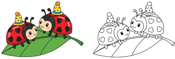 Happy cartoon insects with heart spots on a coloring sheet featuring a cute ladybug couple on a leaf wearing party hats © AbuNazam