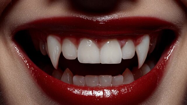 Vampire fangs lips teeth smile lipstick red mouth closeup glossy lips with sharp fangs dramatic makeup shiny teeth for horror halloween gothic glamour concept