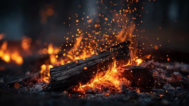fire log flame sparks embers wood campfire heat, burning log on charcoal with glowing embers and flying sparks, close up of warm orange blaze for night outdoors atmosphere
