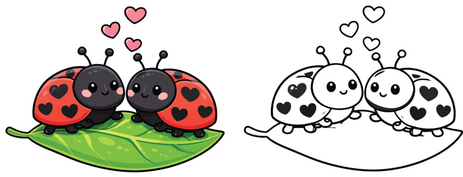 Happy cartoon insects with heart spots in a vector illustration of a cute ladybug couple on a leaf with floating hearts