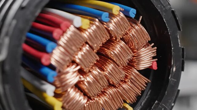 Closeup of copper wires inside a black corrugated plastic conduit