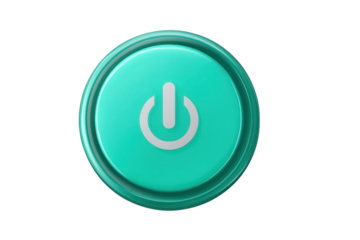 A teal power button on a black background