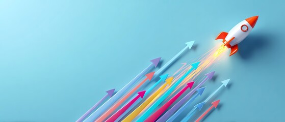 Rocket launching with colorful arrows in motion.