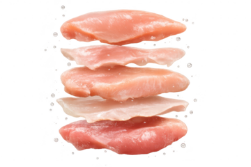 Stacked chicken breasts on a transparent background are displayed.