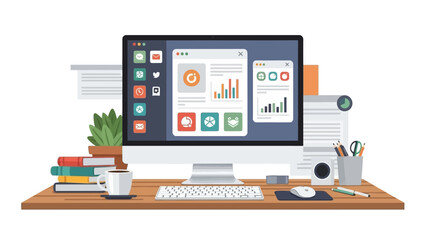 A modern office workspace with a computer displaying various charts and graphs, surrounded by office supplies in a tidy desk setup.
