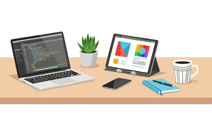 Fototapeta premium A modern workspace featuring a laptop, tablet, and office supplies on a wooden desk