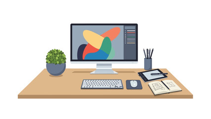 A modern workspace featuring a computer monitor displaying a colorful graphic design on a wooden desk with office supplies and a small potted plant.