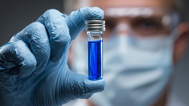 vial blue liquid glove scientist mask laboratory sample held between gloved fingers closeup testing research and analysis in medical lab environment with safety goggles sterile