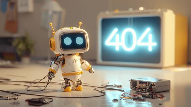 robot error on screen in electronics workshop with cables and repair tools, cute service robot facing glowing malfunction display on workbench and circuit board