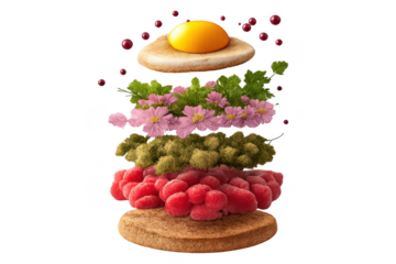 Deconstructed dessert tower on transparent background, food art shot