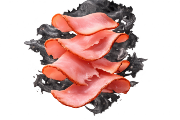 Ham slices stack on a transparent background in an attractive image.