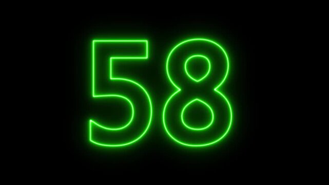 glowing neon text 58 number countdown icon. flickering neon number 58 on black background.