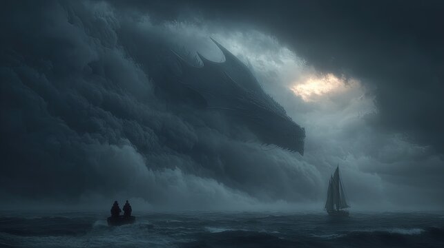 A colossal sea dragon breaching ocean waves stormy skies sailors watching in awe dramatic scale