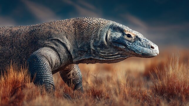 A fierce Komodo dragon prowling through dry grasslands reptiles as apex predators in a sunlit environment