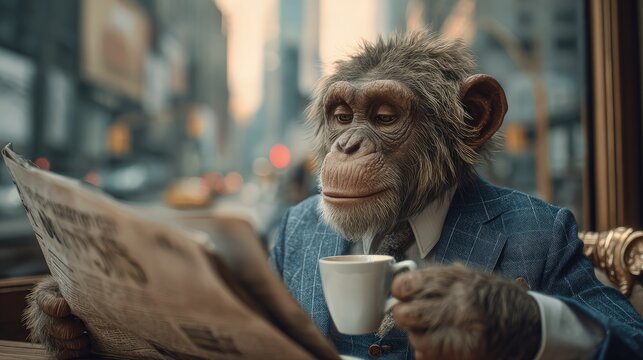 Monkey wearing a tailored suit sipping coffee at a cafe reading a newspaper urban backdrop