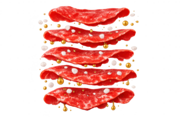 Salami slices with decorative balls on a transparent background scene.
