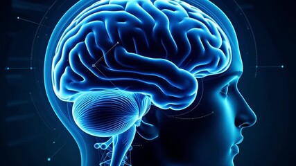 Human brain side view blue glowing neural network digital technology interface background concept of artificial intelligence and neuroscience research 3d rendering - Powered by Adobe