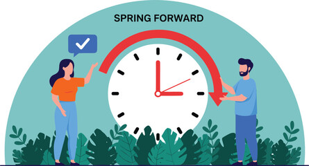 Flat vector lifestyle illustration of people adjusting a large clock for the Spring Forward Daylight Saving Time change.