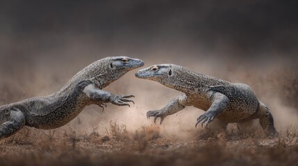 Obraz premium A pair of fighting monitor lizards in a territorial clash reptiles captured in dynamic high-action wildlife photography