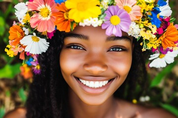 Happy holiday season symbol. Sunny daylight. Happy black teenager girl wearing multi-colored flower circlet on her head. Smiling girl in a sunlit meadow. Child with nature&acirc;&euro;&trade;s beauty.