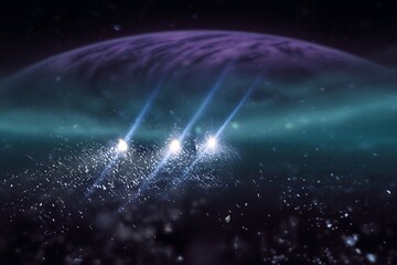 Obraz premium Bright glowing light rays scattering through dark cosmic dust clouds